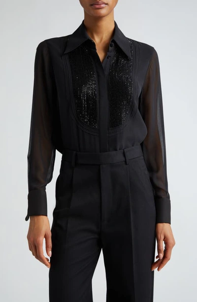Shop Lafayette 148 Hand Beaded Pintuck Silk Georgette Shirt In Black