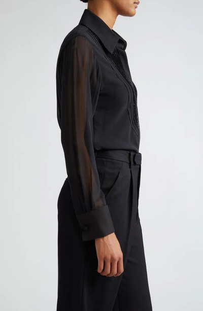 Shop Lafayette 148 New York Hand Beaded Pintuck Silk Georgette Shirt In Black
