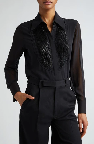 Shop Lafayette 148 Hand Beaded Pintuck Silk Georgette Shirt In Black