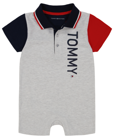Shop Tommy Hilfiger Baby Boys Colorblock Pique Knit Polo Romper In Gray
