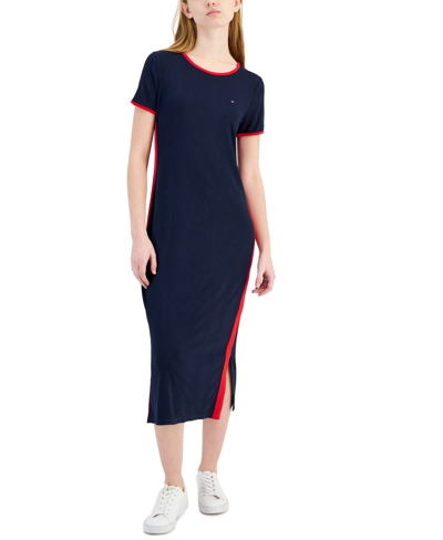 Shop Tommy Hilfiger Women's Ribbed Midi Dress In Navy