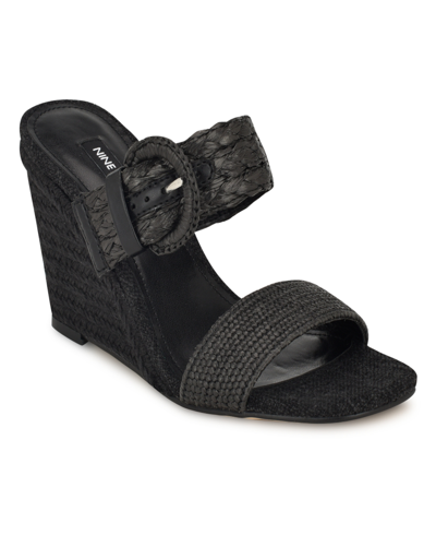 Shop Nine West Women's Novalie Slip-on Square Toe Wedge Sandals In Black
