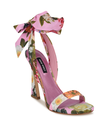 Shop Nine West Women's Kelsie Ankle Wrap Heeled Dress Sandals In Pink Rose Print Multi - Textile