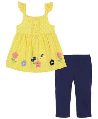 Shop Kids Headquarters Baby Girls Ruffle-trim Popcorn Knit Tunic And Capri Leggings, 2 Piece Set In Yellow