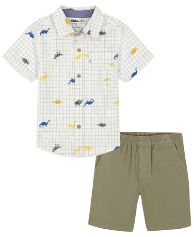Shop Kids Headquarters Little Boys Short Sleeve Printed Check Slub Button Front And Twill Shorts, 2 Piece Set In Brown