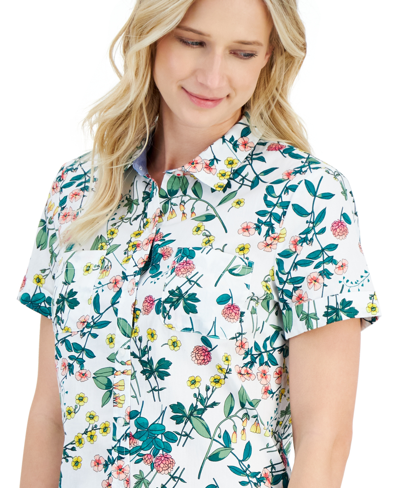 Shop Nautica Women's Floral-print Short-sleeve Cotton Camp Shirt In Bright White Multi