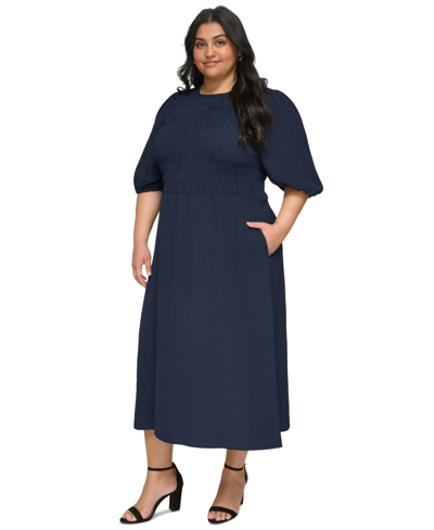 Shop Dkny Plus Size Puff-sleeve Smocked Midi Dress In Navy