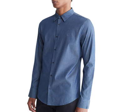 Shop Calvin Klein Men's Slim Fit Refined Chambray Long Sleeve Button-front Shirt In Dark Wash