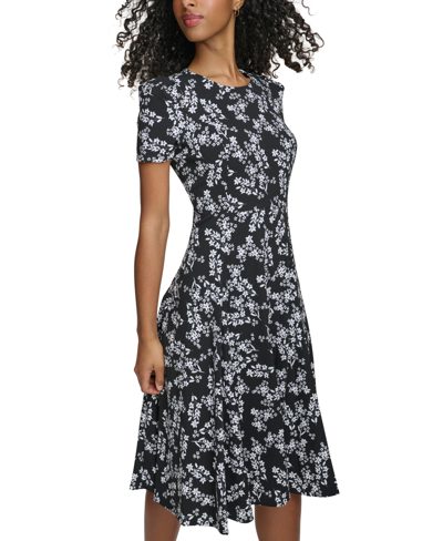 Shop Calvin Klein Women's Floral-print Scuba-crepe Midi Dress In Black Cream