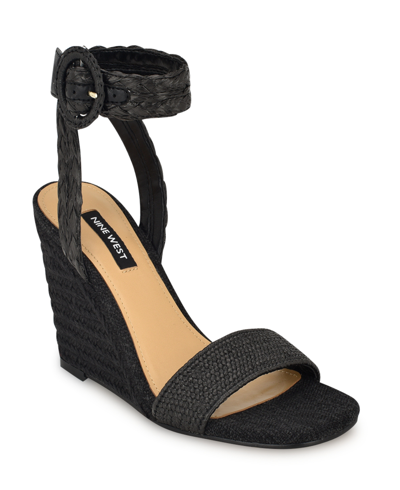 Shop Nine West Women's Nerisa Square Toe Woven Wedge Sandals In Black