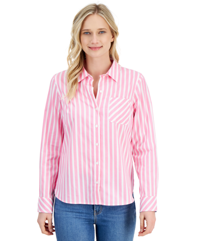 Shop Nautica Women's Striped Seaport Roll-tab-sleeves Button-down Shirt In Lt,paspink