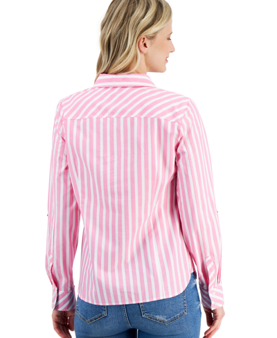 Shop Nautica Women's Striped Seaport Roll-tab-sleeves Button-down Shirt In Lt,paspink