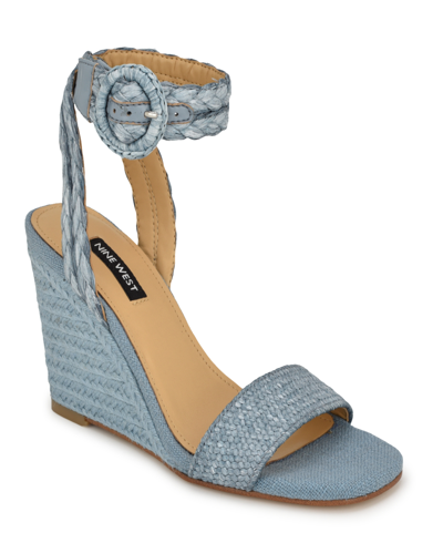 Shop Nine West Women's Nerisa Square Toe Woven Wedge Sandals In Blue