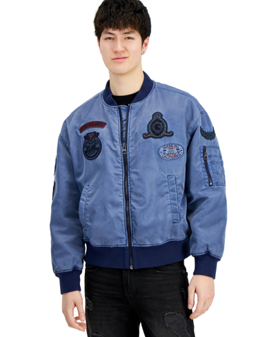 Shop Guess Men's Ace Embroidered Patch Full-zip Bomber Jacket In Cave Blue Multi