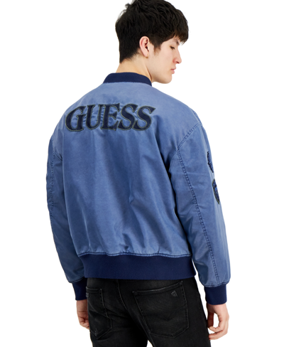 Shop Guess Men's Ace Embroidered Patch Full-zip Bomber Jacket In Cave Blue Multi