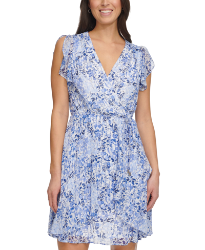 Shop Tommy Hilfiger Women's Floral Chiffon Tie-waist Dress In Ivory.blue