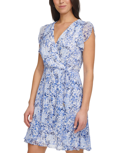 Shop Tommy Hilfiger Women's Floral Chiffon Tie-waist Dress In Ivory.blue