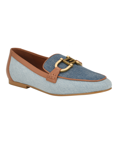 Shop Guess Women's Isaac Slip On Flat Loafers With Hardware In Light Blue Multi Leather