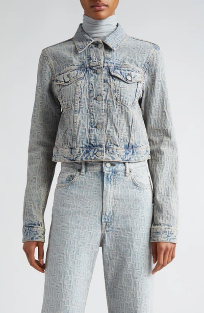 Shop Acne Studios Monogram Jacquard Crop Denim Jacket In Blue/ Beige