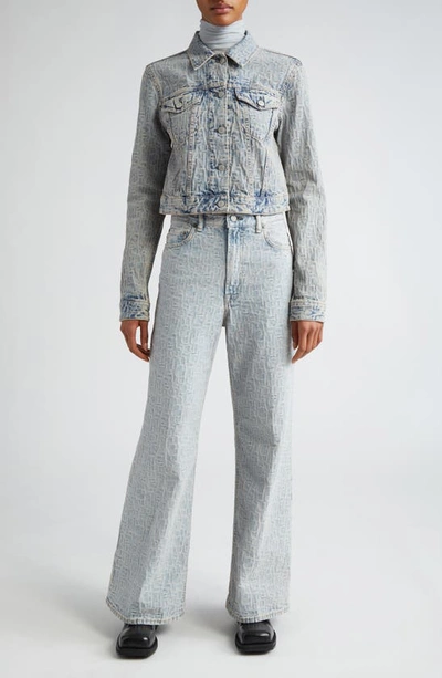 Shop Acne Studios Monogram Jacquard Crop Denim Jacket In Blue/ Beige