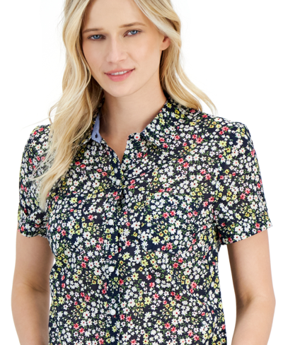 Shop Nautica Women's Cotton Ditsy-floral Print Camp Shirt In Navy