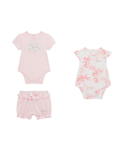 Shop Guess Baby Girls Bodysuits And Matching Short, 3 Piece Set In Pink