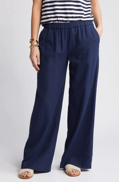 Shop Caslon Wide Leg Pull-on Linen Blend Pants In Navy Blazer