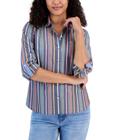 Shop Nautica Women's Gateway Cotton Striped Roll-tab Shirt In Navy