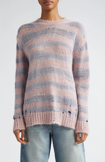 Shop Acne Studios Karita Distressed Stripe Open Stitch Cotton, Mohair & Wool Blend Sweater In Dusty Pink / Lilac