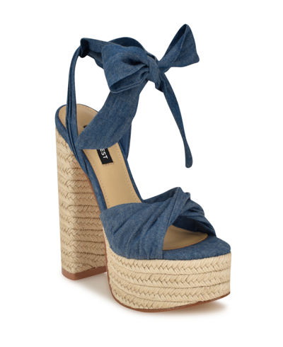 Shop Nine West Women's Gertha Block Heel Round Toe Dress Sandals In Dark Blue Denim