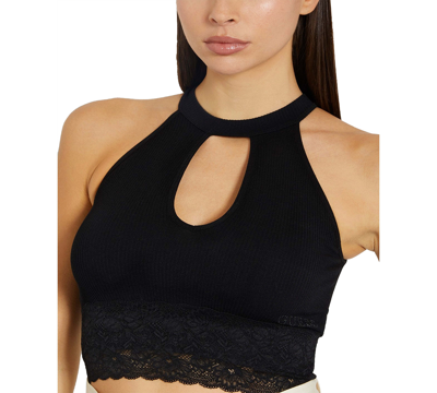 Shop Guess Women's Lila Cutout Seamless Ribbed Lace-trim Sweater In Jet Black A