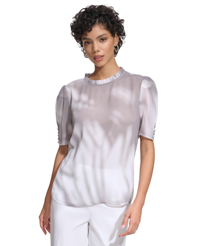 Shop Calvin Klein Women's Pleated Collar Puff-sleeve Top In Tin Multi