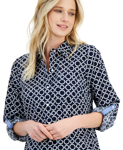 Shop Nautica Women's Cotton Circle-print Roll-tab Shirt In Dark Blue