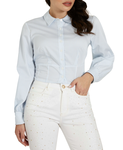 Shop Guess Women's Monica Striped Cropped Button Front Top In Pure White,arctic Sky Combo