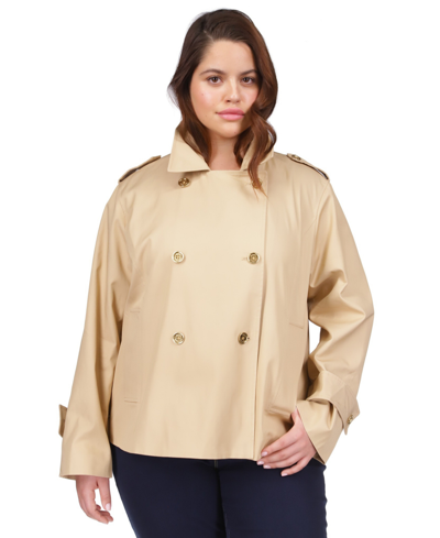 Shop Michael Kors Michael  Plus Size Cropped Double-breasted Peacoat In Khaki