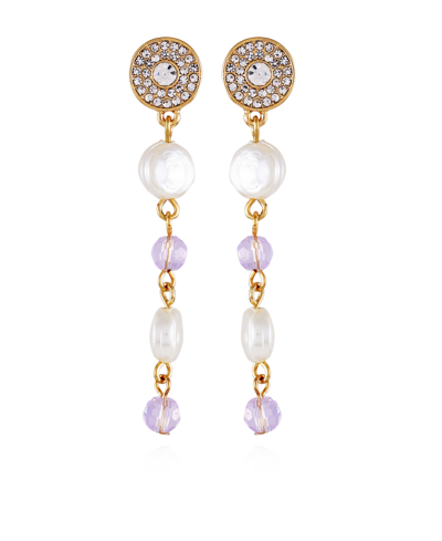 T Tahari Gold-tone Lilac Violet Glass Stone And Imitation Pearl Long Drop Earrings In Gold