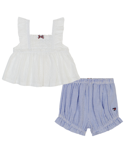 Shop Tommy Hilfiger Baby Girls Eyelet Baby Doll Top And Seersucker Bloomer Shorts Set In White