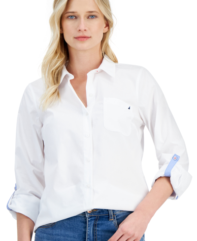 Shop Nautica Women's Roll-tab Button-front Shirt In White