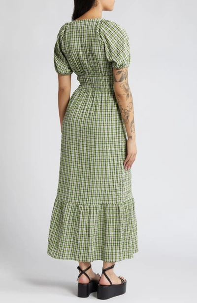 Shop Topshop Plaid Puff Sleeve Button-up Dress In Medium Green