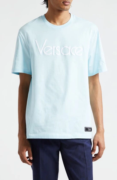 Shop Versace 1978 Re-edition Logo Embroidered Cotton Jersey T-shirt In Pale Blue