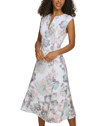 Shop Calvin Klein Women's Printed Split-neck Midi Dress In Seaspray Multi