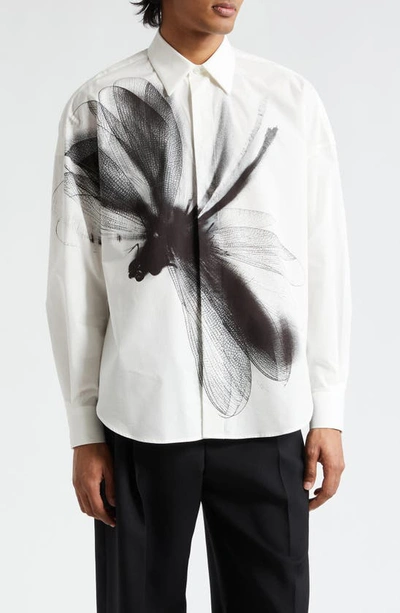 Shop Alexander Mcqueen Dragonfly Print Long Sleeve Cotton Button-up Shirt In White - Black