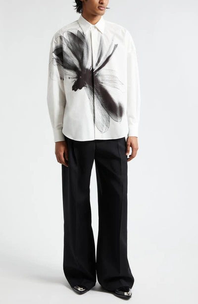 Shop Alexander Mcqueen Dragonfly Print Long Sleeve Cotton Button-up Shirt In White - Black