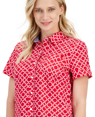 Shop Nautica Women's Cotton Circle-link Print Camp Shirt In Bright Red