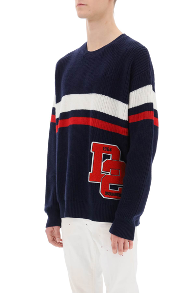 Shop Dsquared2 Wool Sweater With Varsity Patch In Blue White Red (blue)
