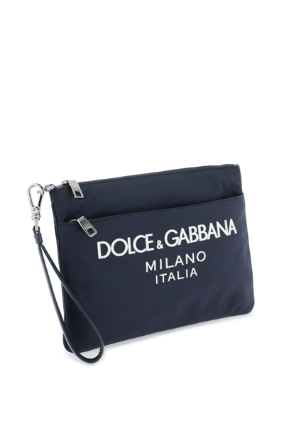 Shop Dolce & Gabbana Nylon Pouch With Rubberized Logo In Blu Blu Navy (blue)