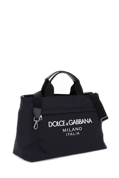 Shop Dolce & Gabbana Rubberized Logo Nylon Duffle Bag In Blu Blu Navy (blue)