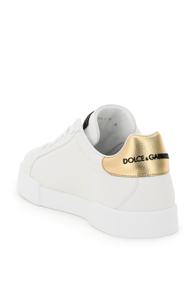 Shop Dolce & Gabbana Portofino Sneakers With Logo Patch In Bianco Oro Scuro (white)