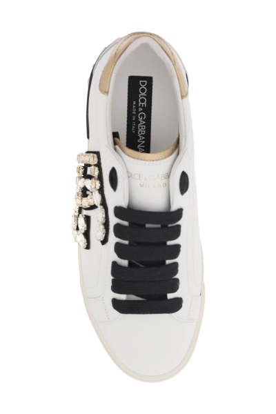 Shop Dolce & Gabbana Portofino Vintage Leather Sneakers With Rhinestone Dg In Bianco Oro (white)