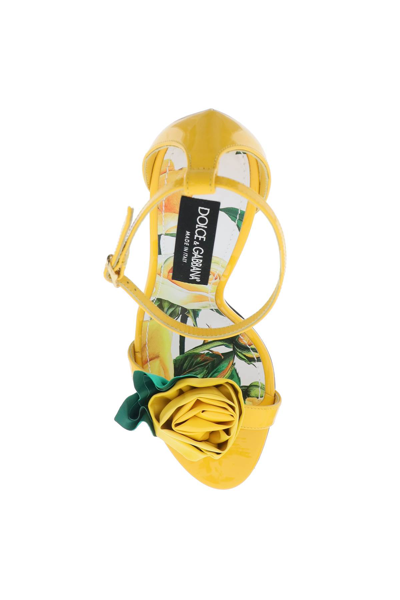 Shop Dolce & Gabbana Patent Leather Sandals With Flower In Giallo Multicolor (yellow)